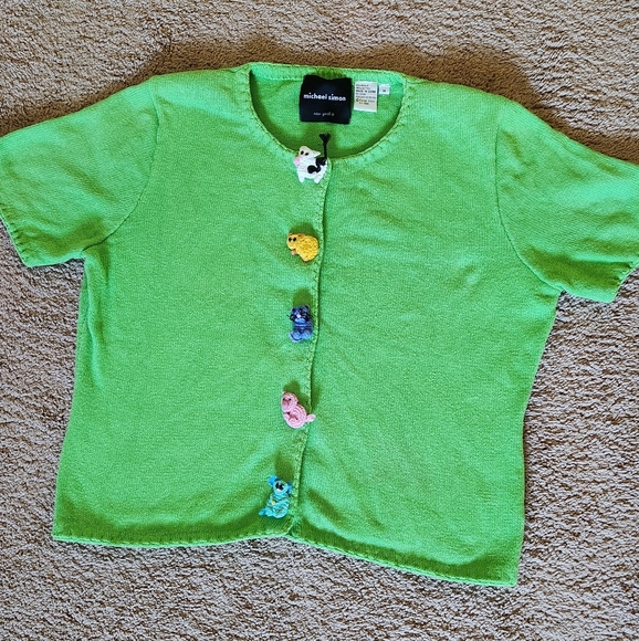 Michael Simon Sweaters - Vtg Michael Simon Kelly Green Cotton Farm Animals Cardigan Yarn Zoo Spring Med